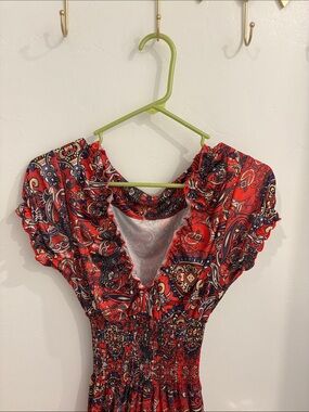 Red Paisley V-Neck Smocked Waist Dress